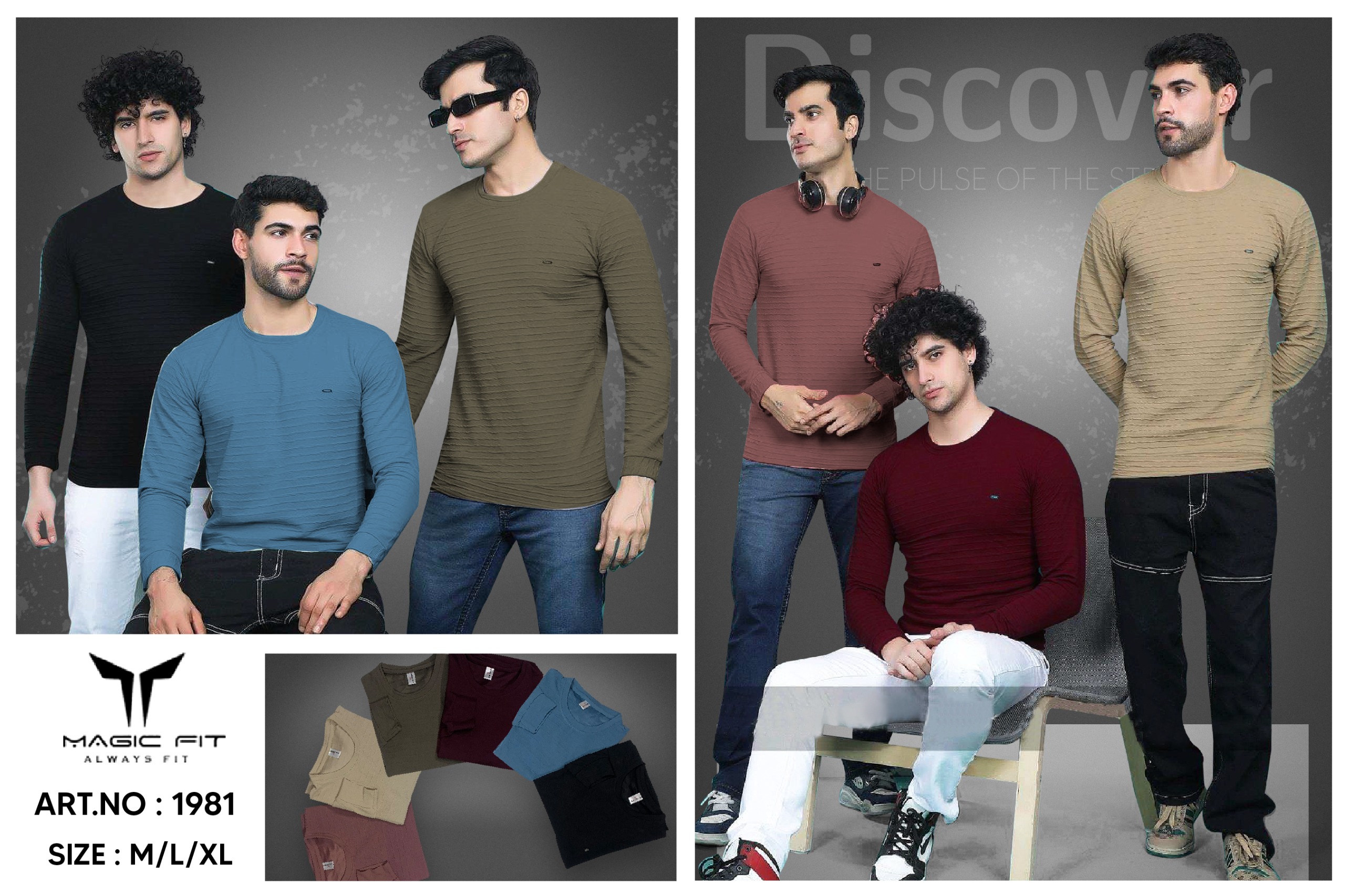 Magic fit Men's Knit Round Neck Full Sleeve Plain T-Shirt, Assorted