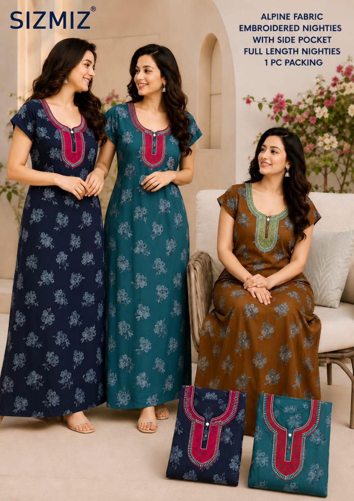 Women Alpine Nighties Superior Fabric with two button embroidered and side pocket Hand Piping