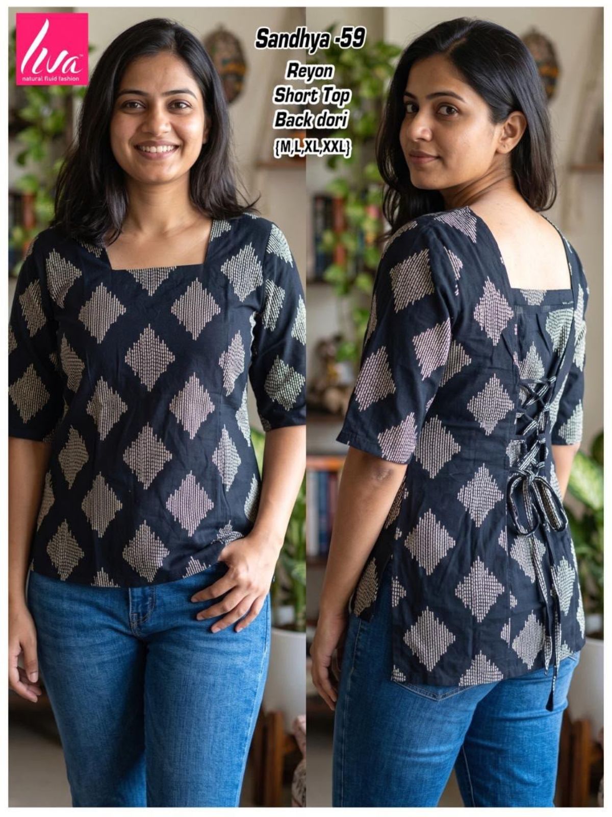 Women Heavy Rayon Short Kurta Top with Black Dori - Sandhya -59
