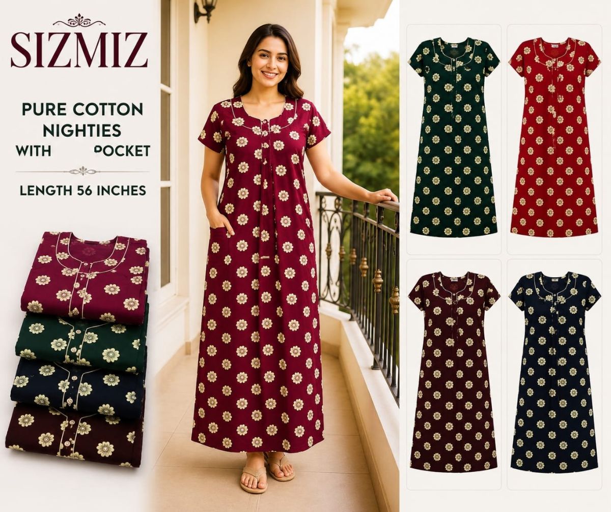 Sarina Women Pure Cotton Night Gown with pocket -Free Size