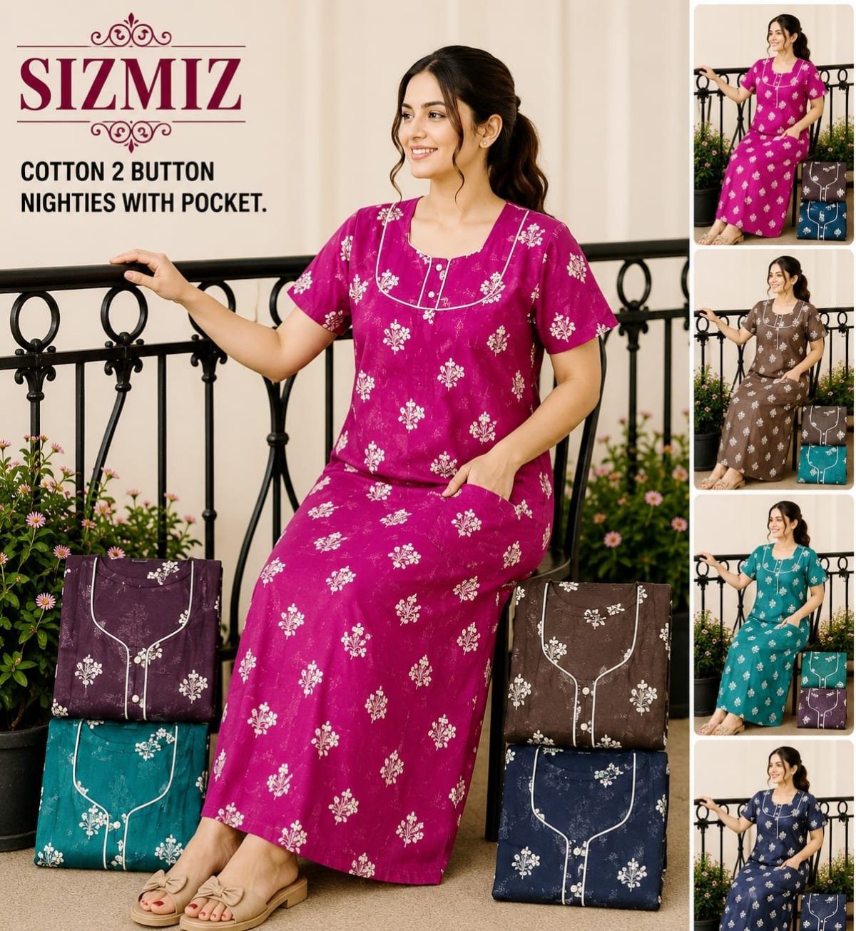 Women Pure Cotton Night Gown With Two Button Aaradhana