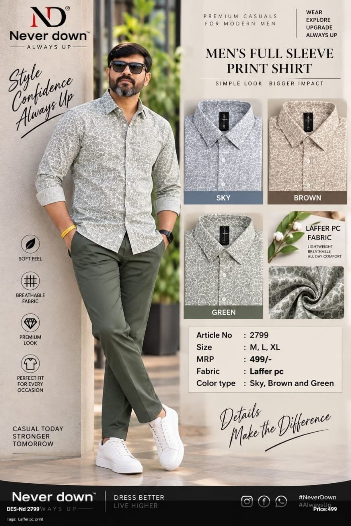 Never Down Men's Laffer PC Shirts -2799