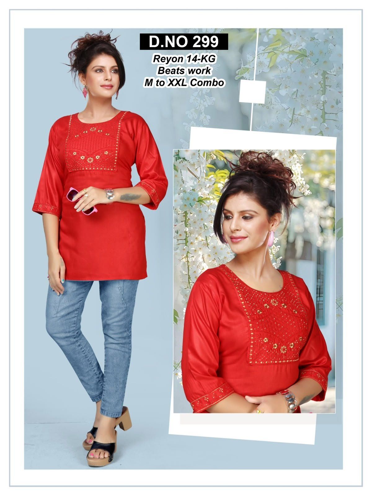 Women's Short Kurta Top with Beads work D No-299