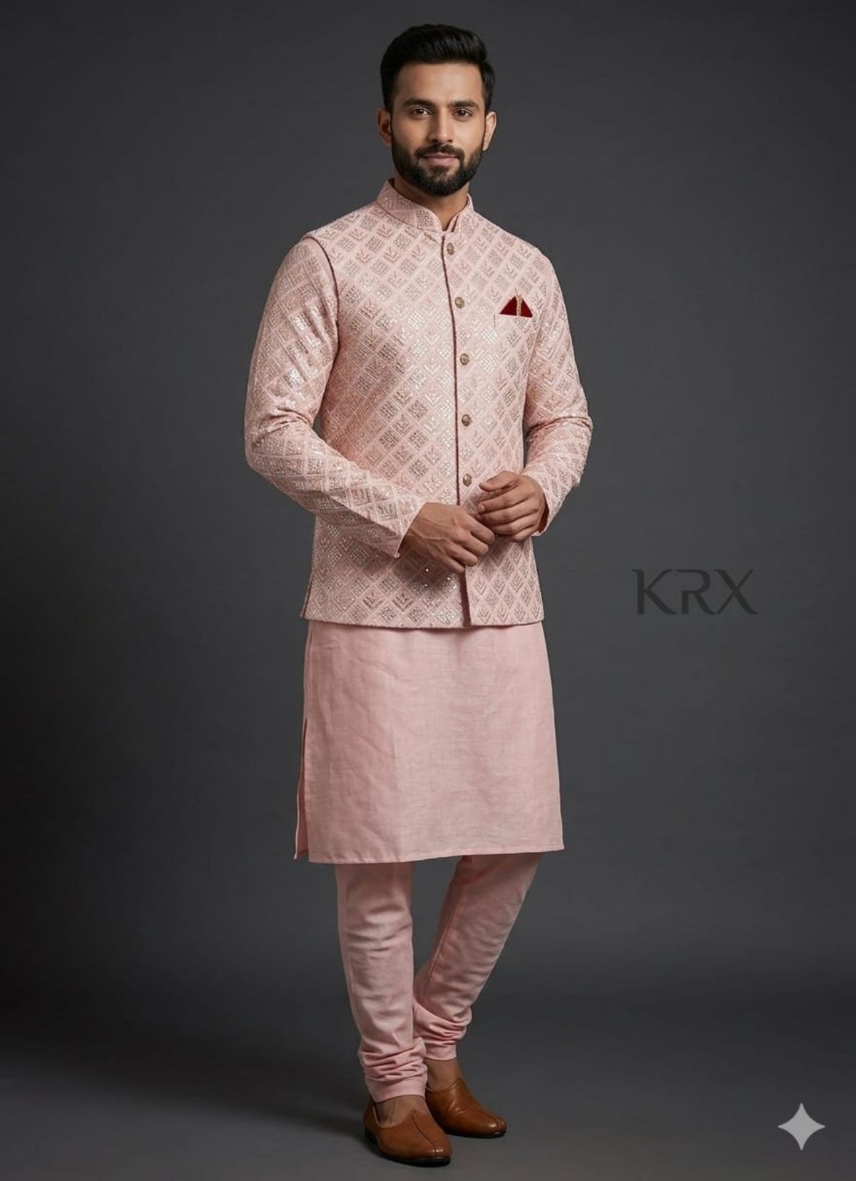 KRX Men's Heavy Kurta Pajama With Nawabi Jacket 3 Piece Set