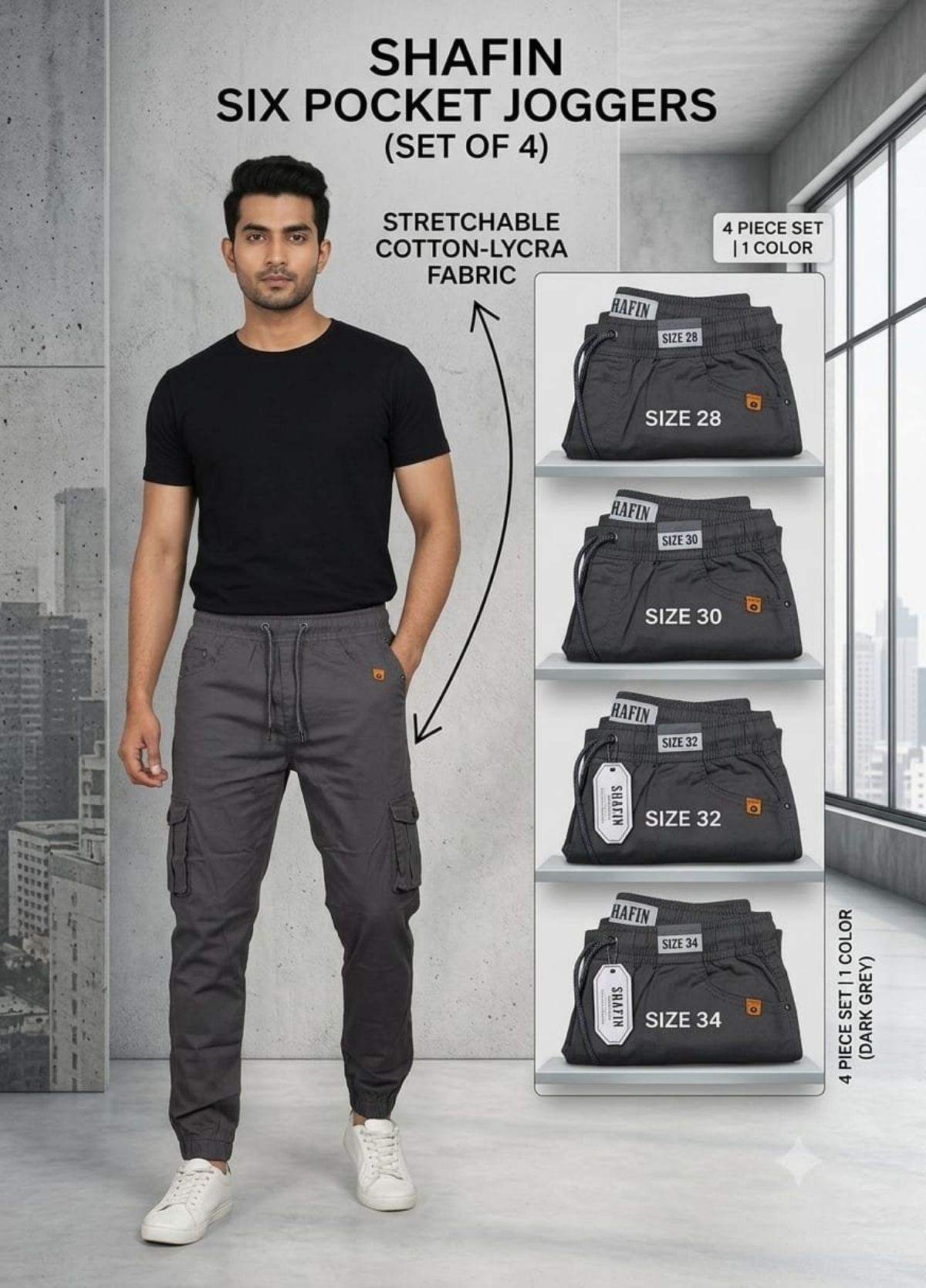 Shafin Men's Six Pockets Joggers Cargo