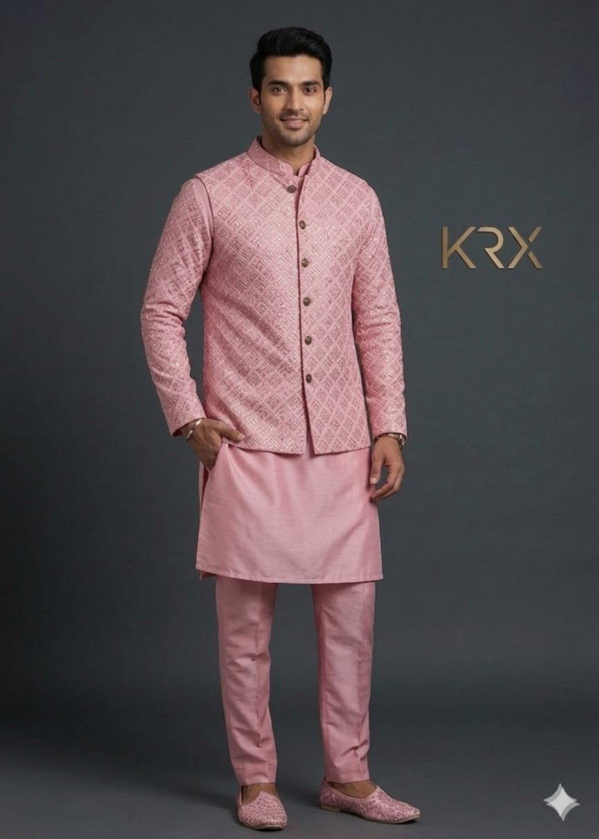 KRX Men's Heavy Kurta Pajama With Nawabi Jacket 3 Piece Set