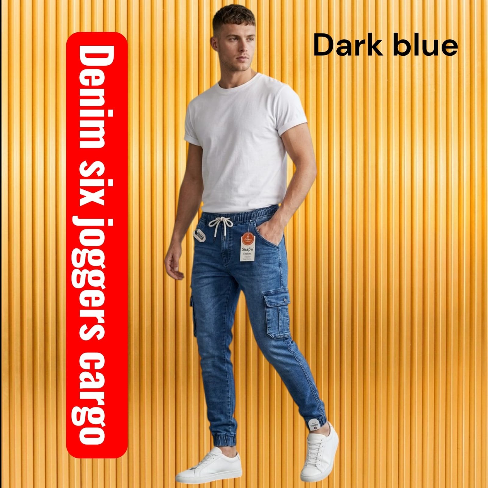 Shafin Men's Six Jogger Cargo Denim Jeans-Dark Blue