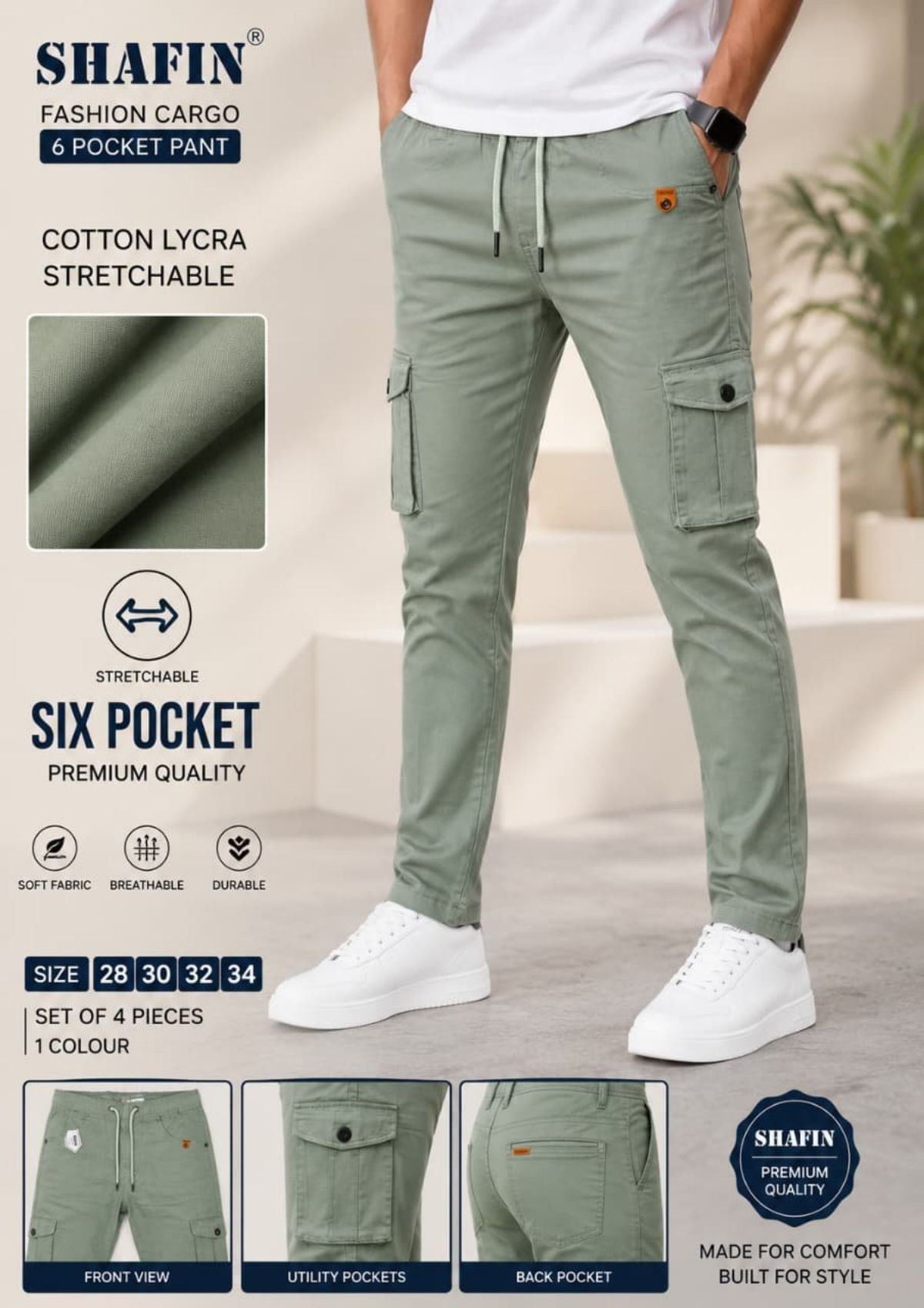 Shafin Men's Six Pockets Joggers Cargo without Elastic