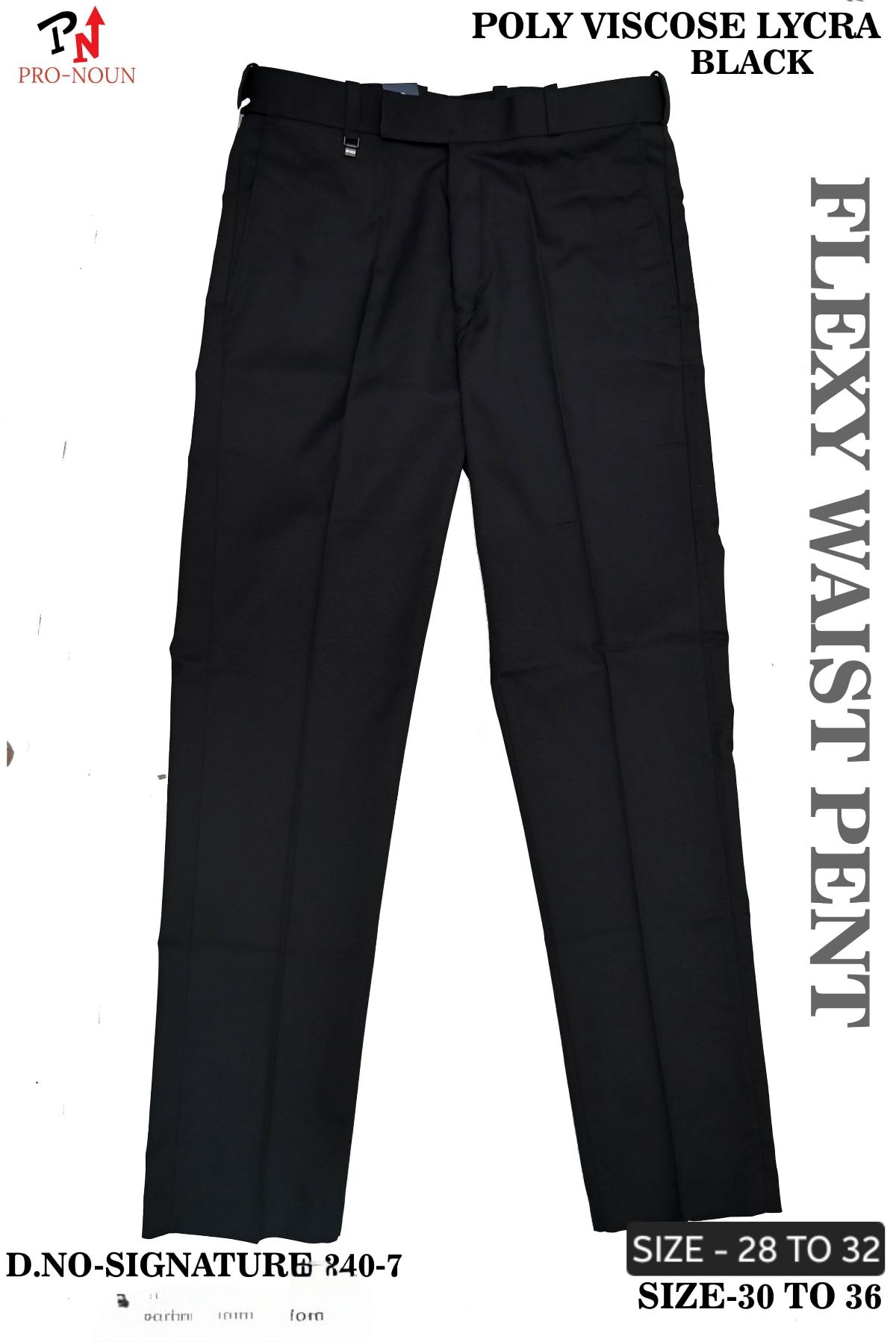Pro-Noun Men's  Formal Trouser Pants With Adjustable belt D No- Signature 240-7(30-36)- Black