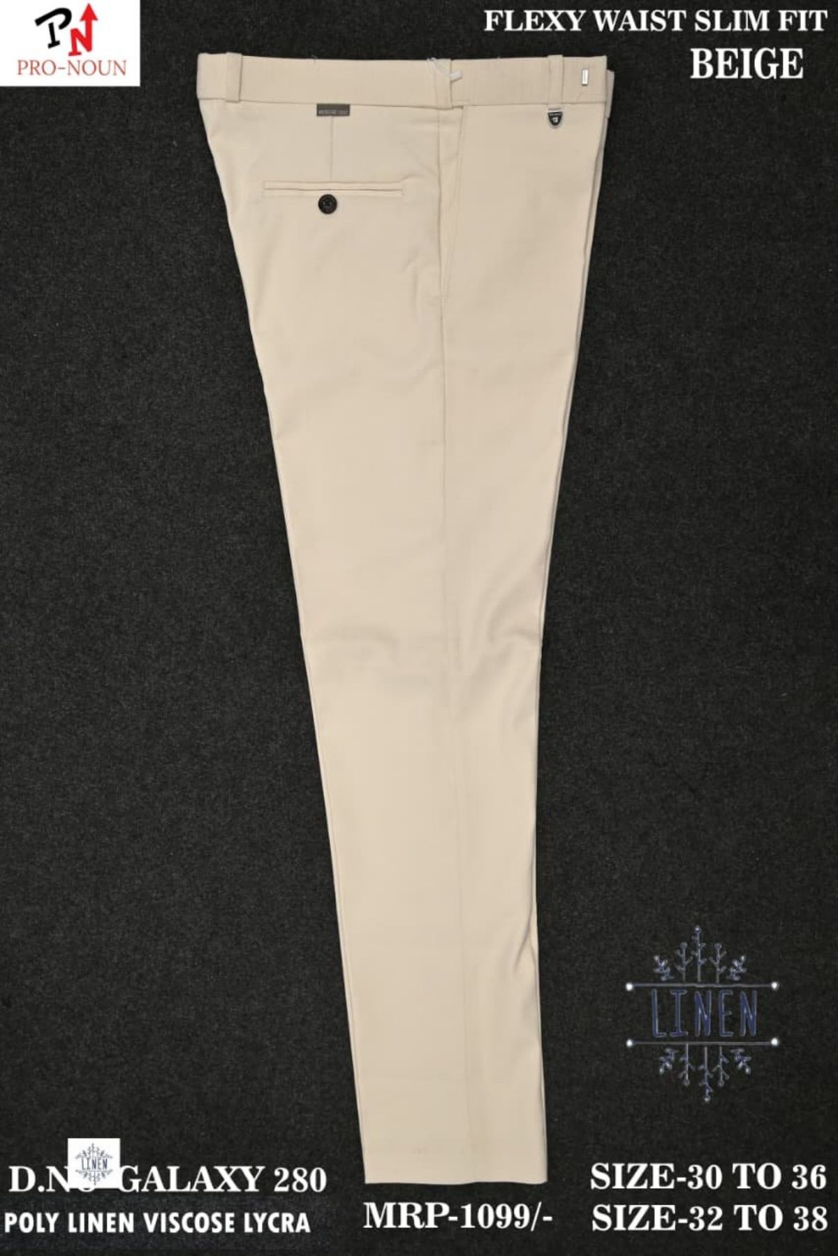 Pro-Noun Men's  Formal Trouser Pants With Adjustable belt D No- Galaxy-280-(30-36)- Beige