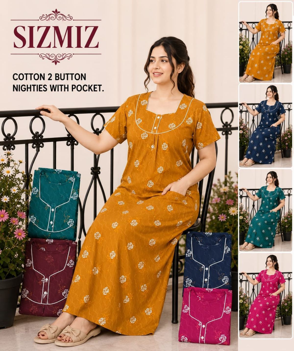 Women Pure Cotton Night Gown With Two Button Sadhna