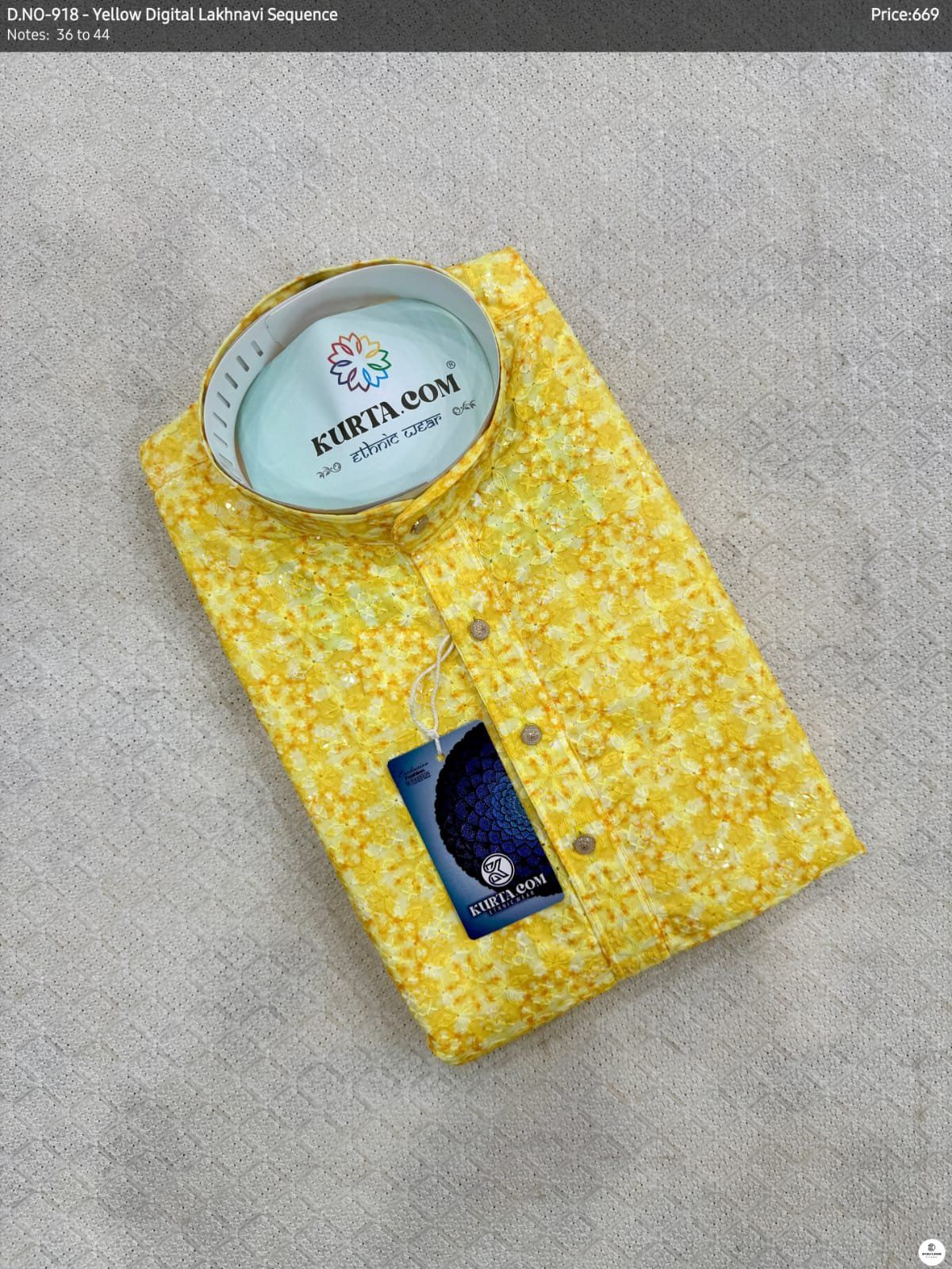 Yellow Digital Lakhnavi Sequence Work Kurta Only-918
