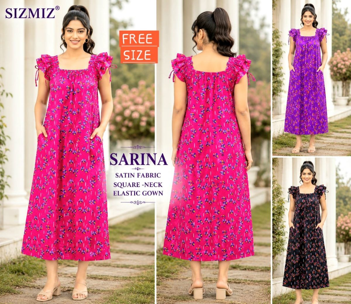 Sarina Women Satin Fabric Square Neck Night Gown -Free Size