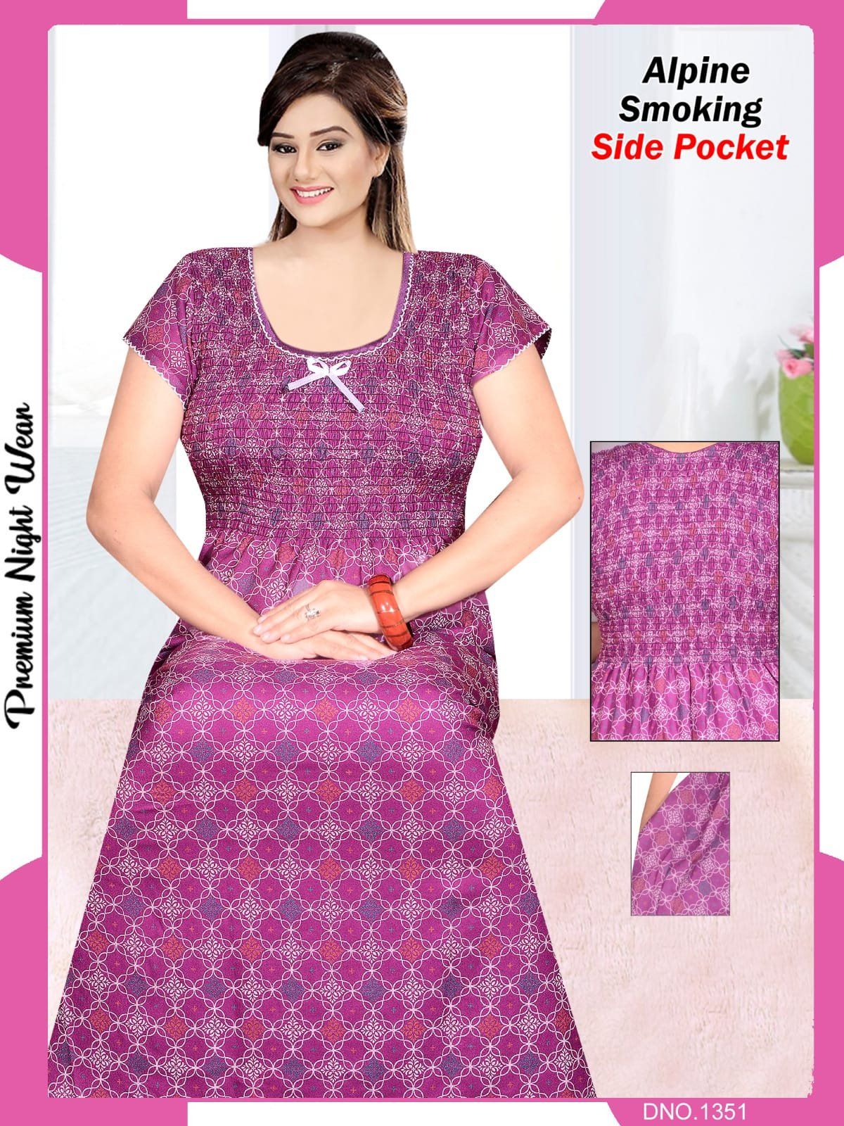 Women's Alpine Premium Nighties Fancy Smoky Pattern with side pocket