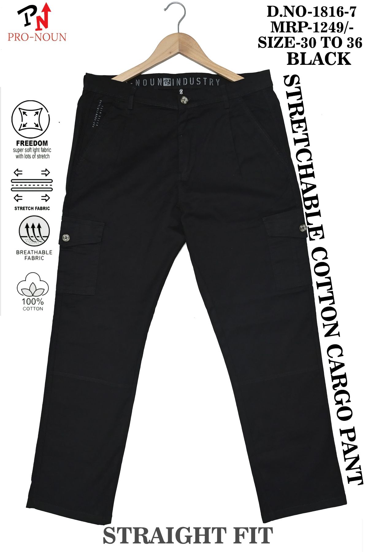 Pro-Noun Men's Straight Fit Cargo Pants D No- 1816 -Black