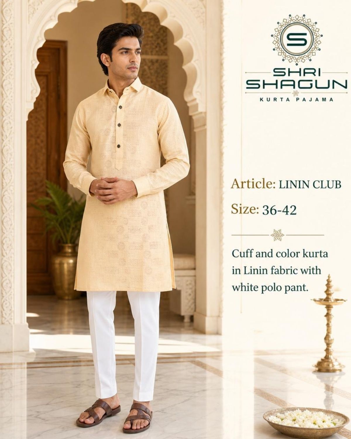 Linen Cotton Kurta Cuff Collar With Polo Pant-Linin Club