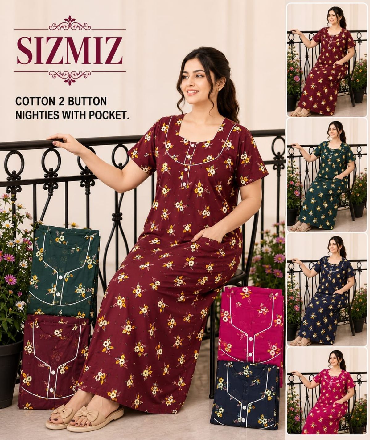 Women Pure Cotton Night Gown With Two Button Sadhna