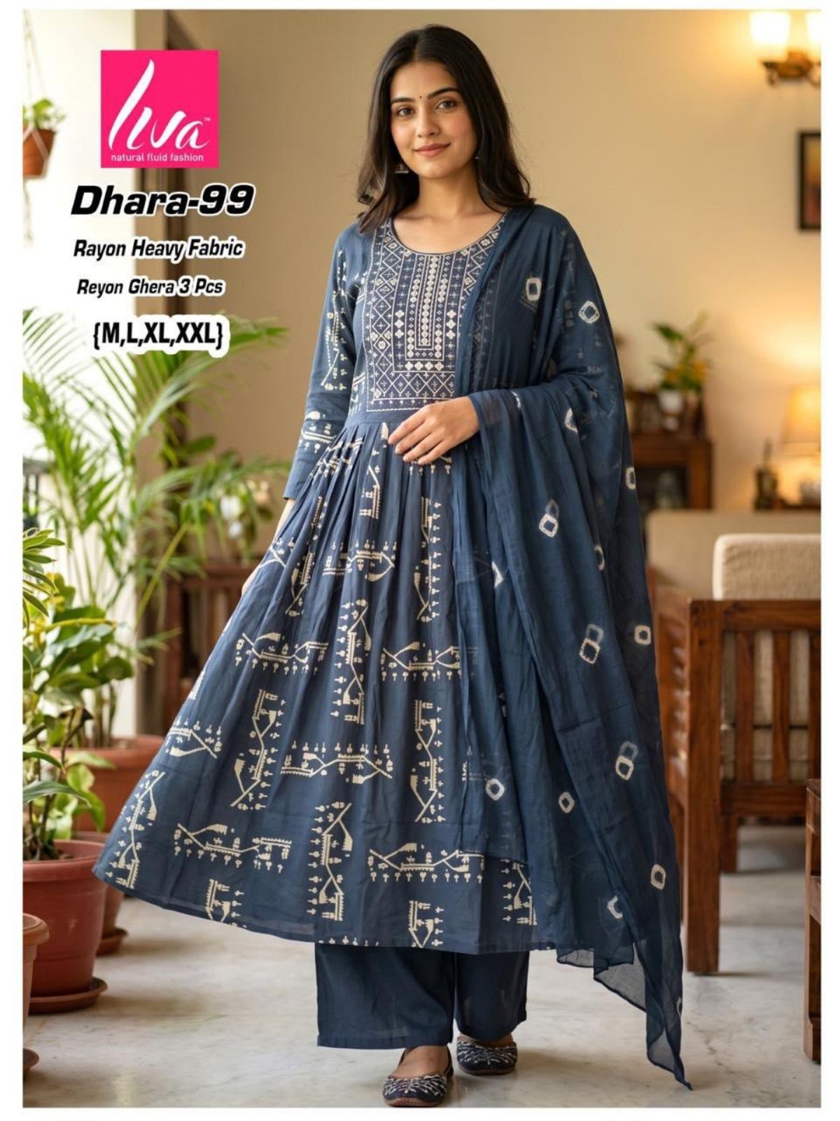Women's Ethnic Wear Printed Rayon Ghera Kurti Palazo Set With Dupatta- Dhara-99
