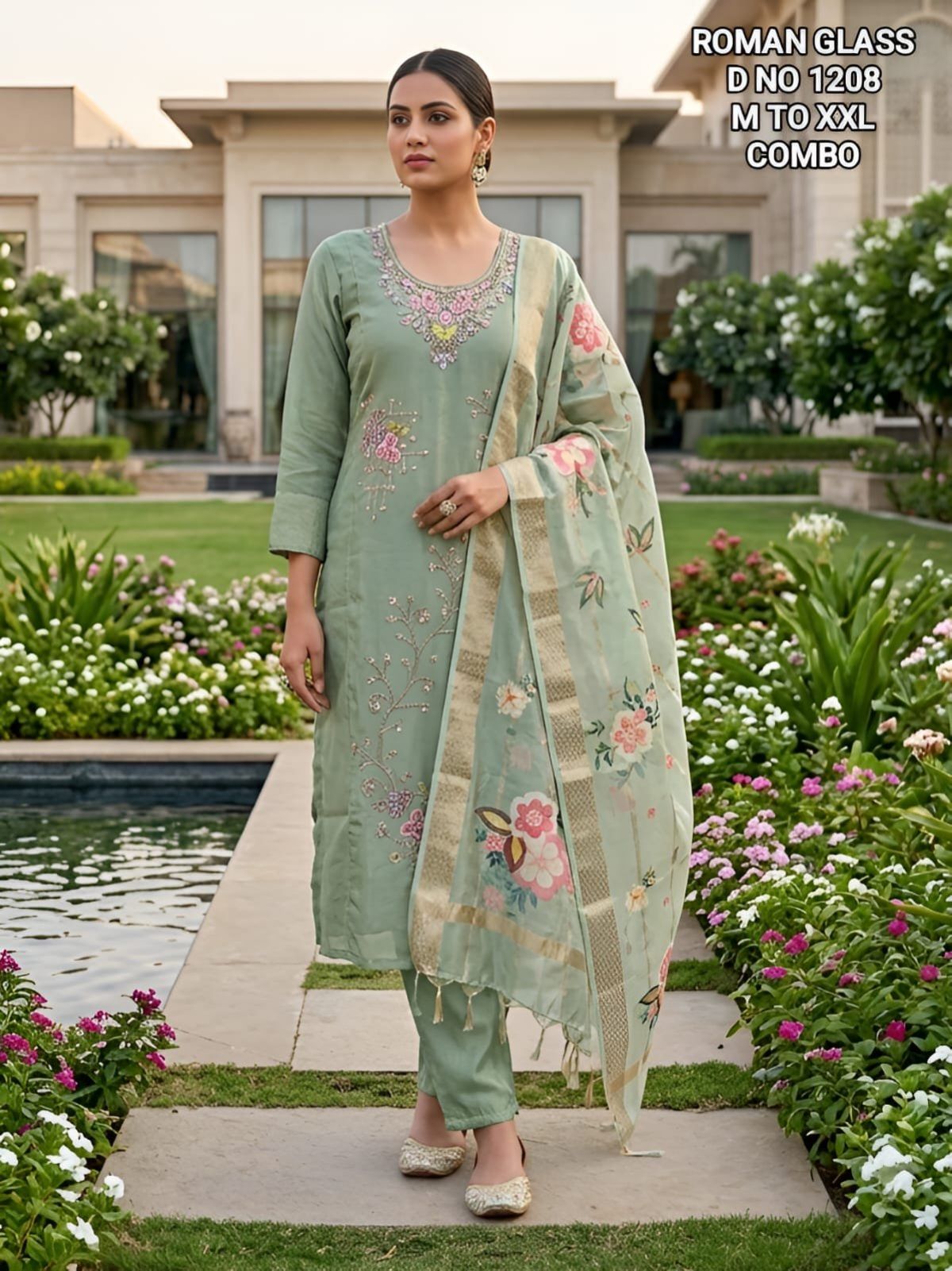 Women's Roman Silk Ethnic Wear Set with dupatta- D No-1208