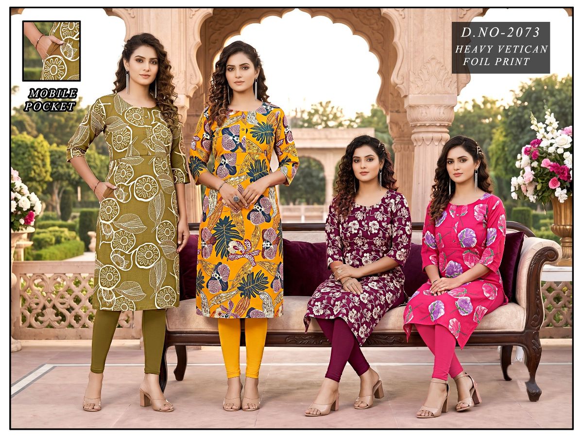 Women's Vetican Print State Colour Round Neck Kurti -2073