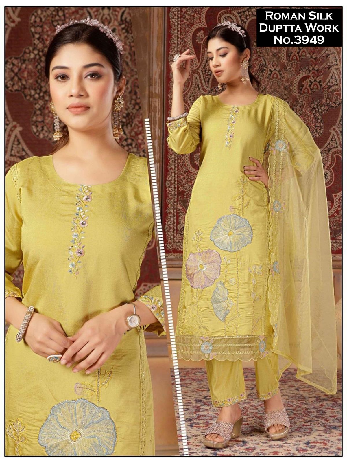 Women's Roman Silk Kurta Pant Set With Dupatta- 3949