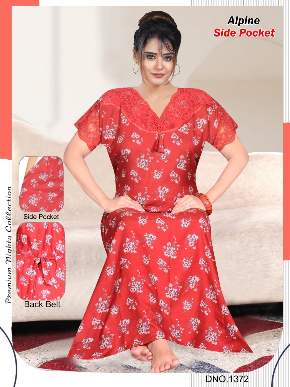 Women Alpine Premium Nighties Fancy Pattern Double Sleeve