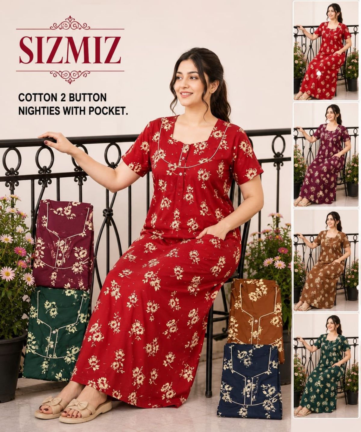 Women Pure Cotton Night Gown With Two Button Sadhna