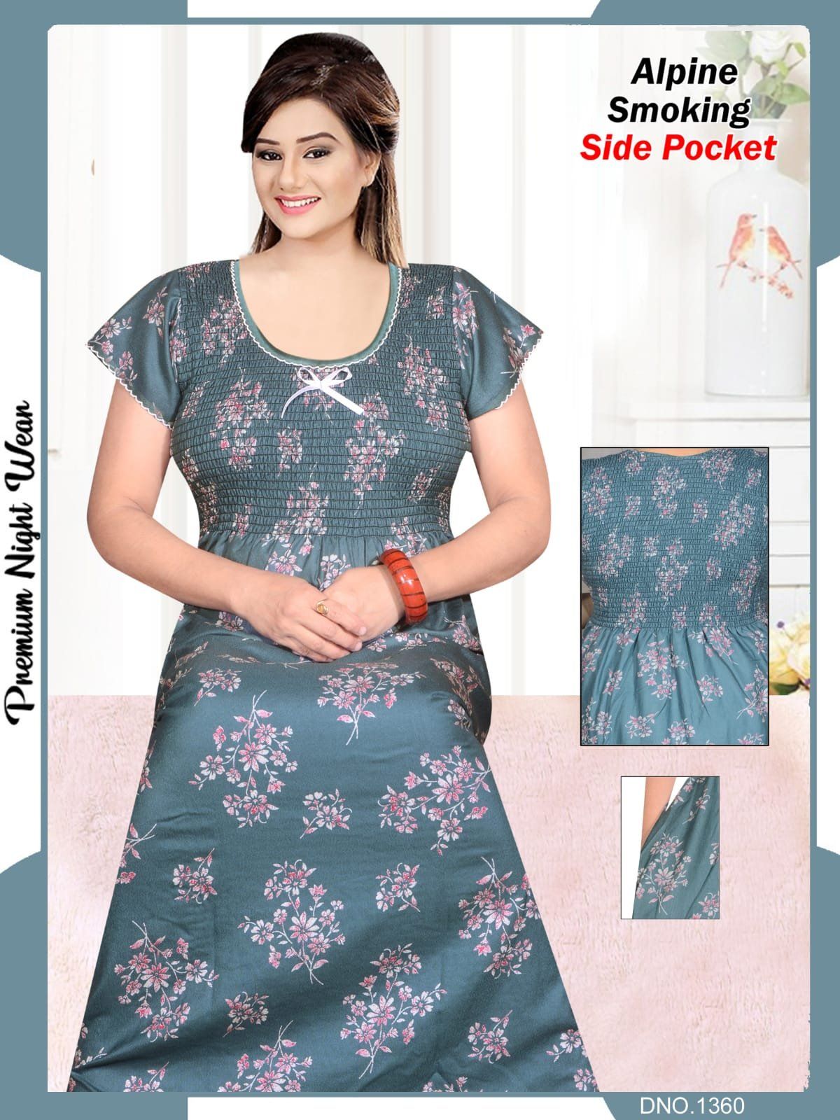 Women's Alpine Premium Nighties Fancy Smoky Pattern with side pocket