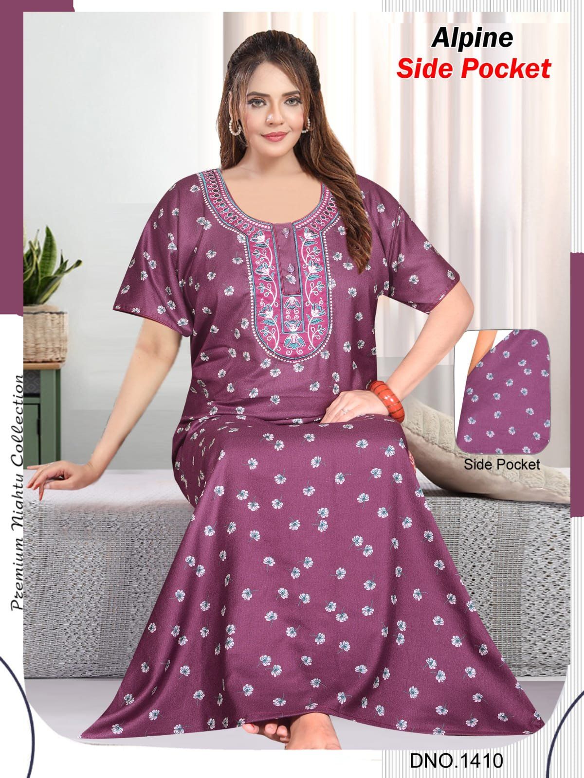 Women's Alpine Premium Nighties 2 Button with Long Fancy Embroidery