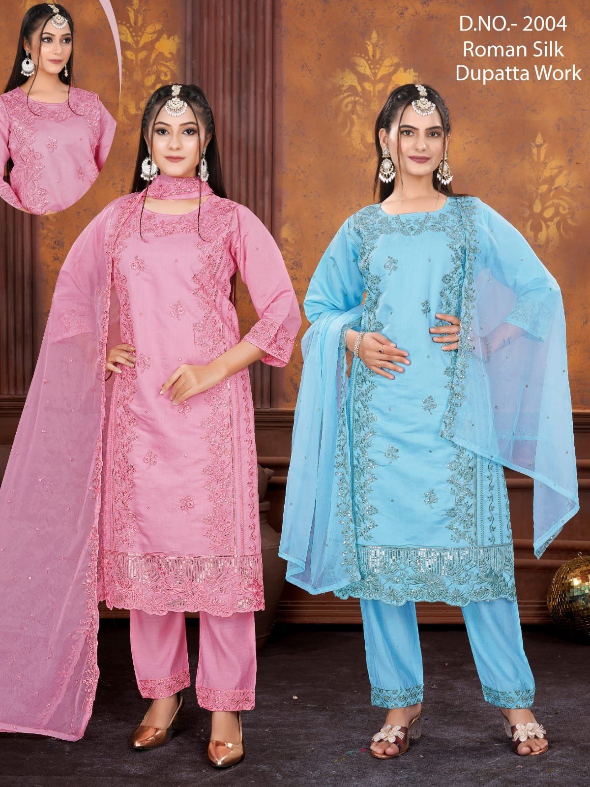 Women's Roman Silk Kurta Pant Set With Dupatta- 2004