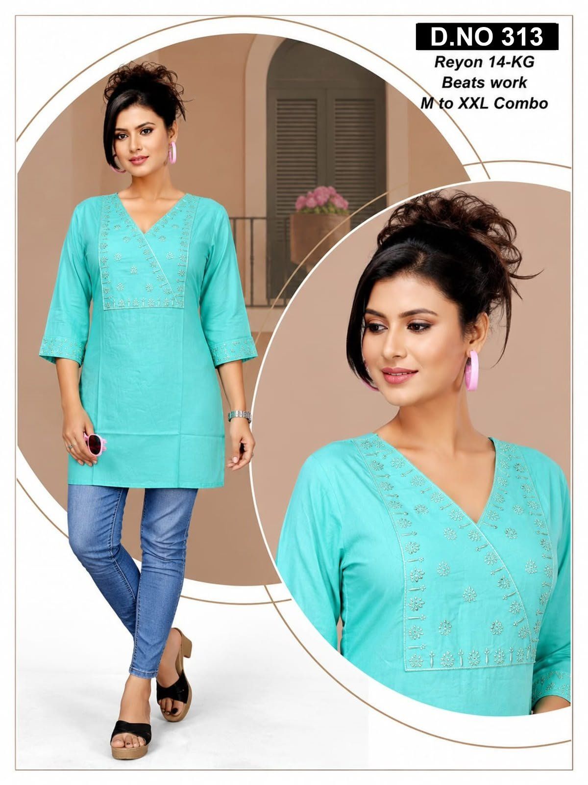 Women's Short Kurta Top with Beads work D No-313