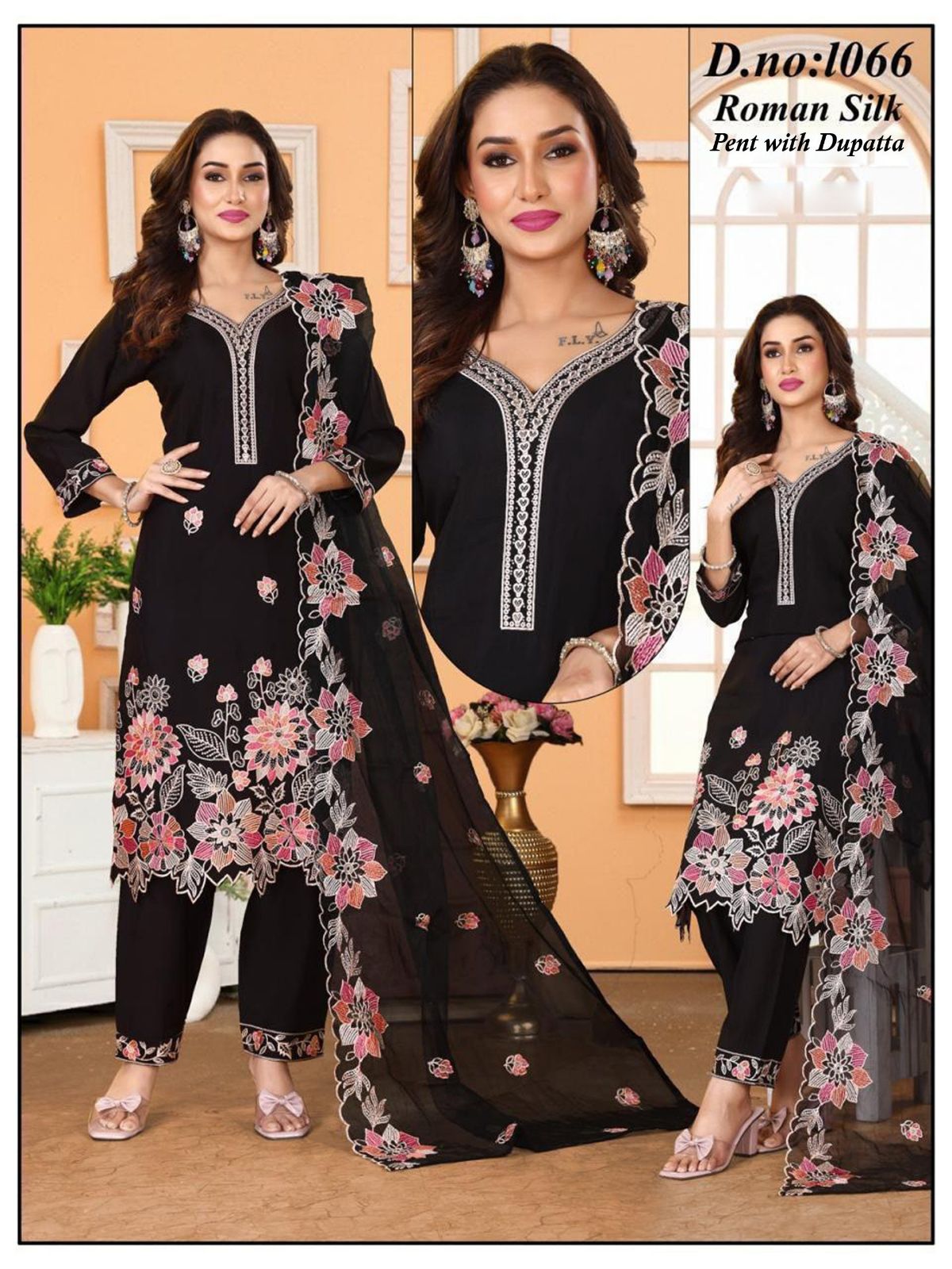 Women's Roman Silk Kurta Pant Set With Dupatta- 1066
