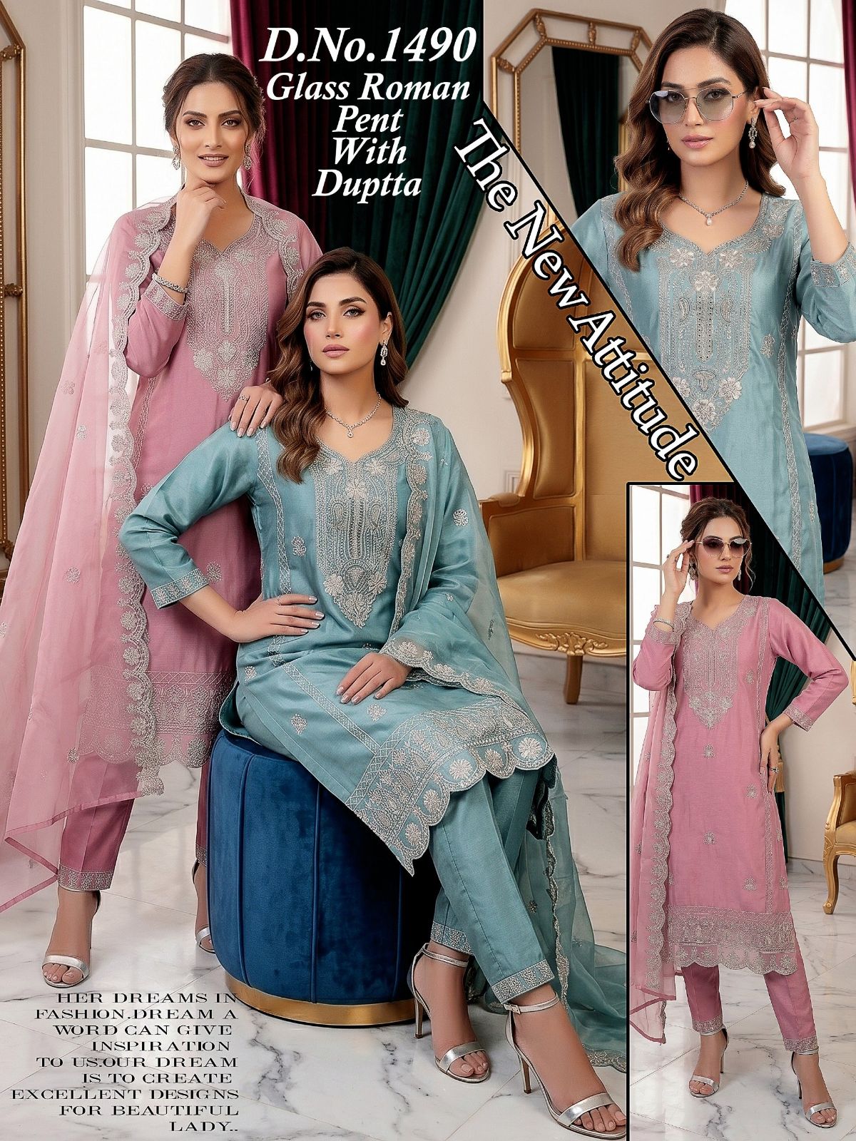 Women's Roman Silk Kurta Pant Set With Dupatta- 1490
