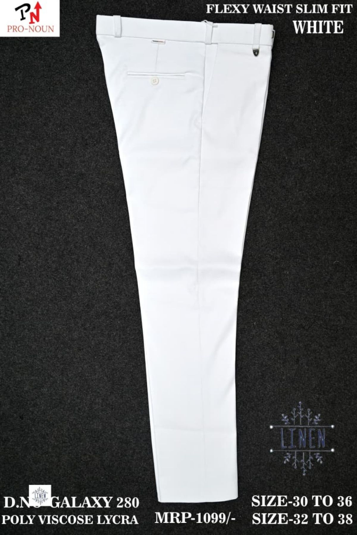 Pro-Noun Men's  Formal Trouser Pants With Adjustable belt D No- Galaxy-280-(30-36)- White