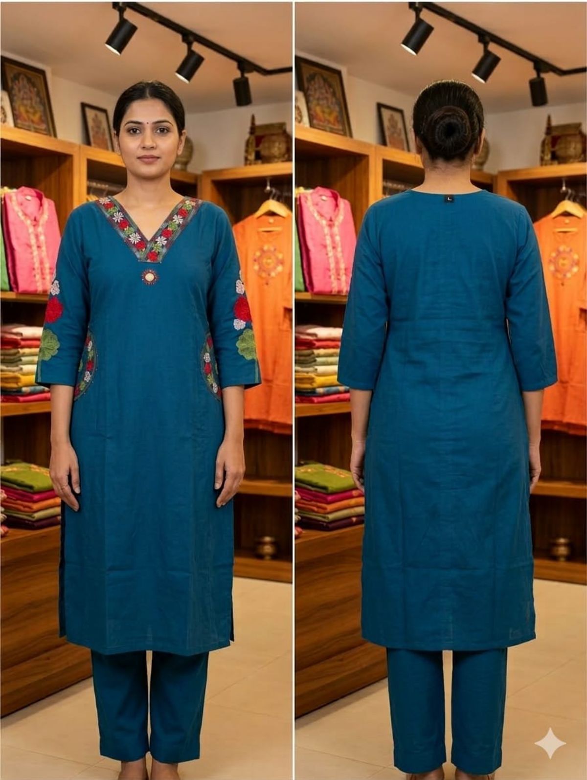 RC Women Long V-Neck Sleeves Blue Two Piece Set with pocket