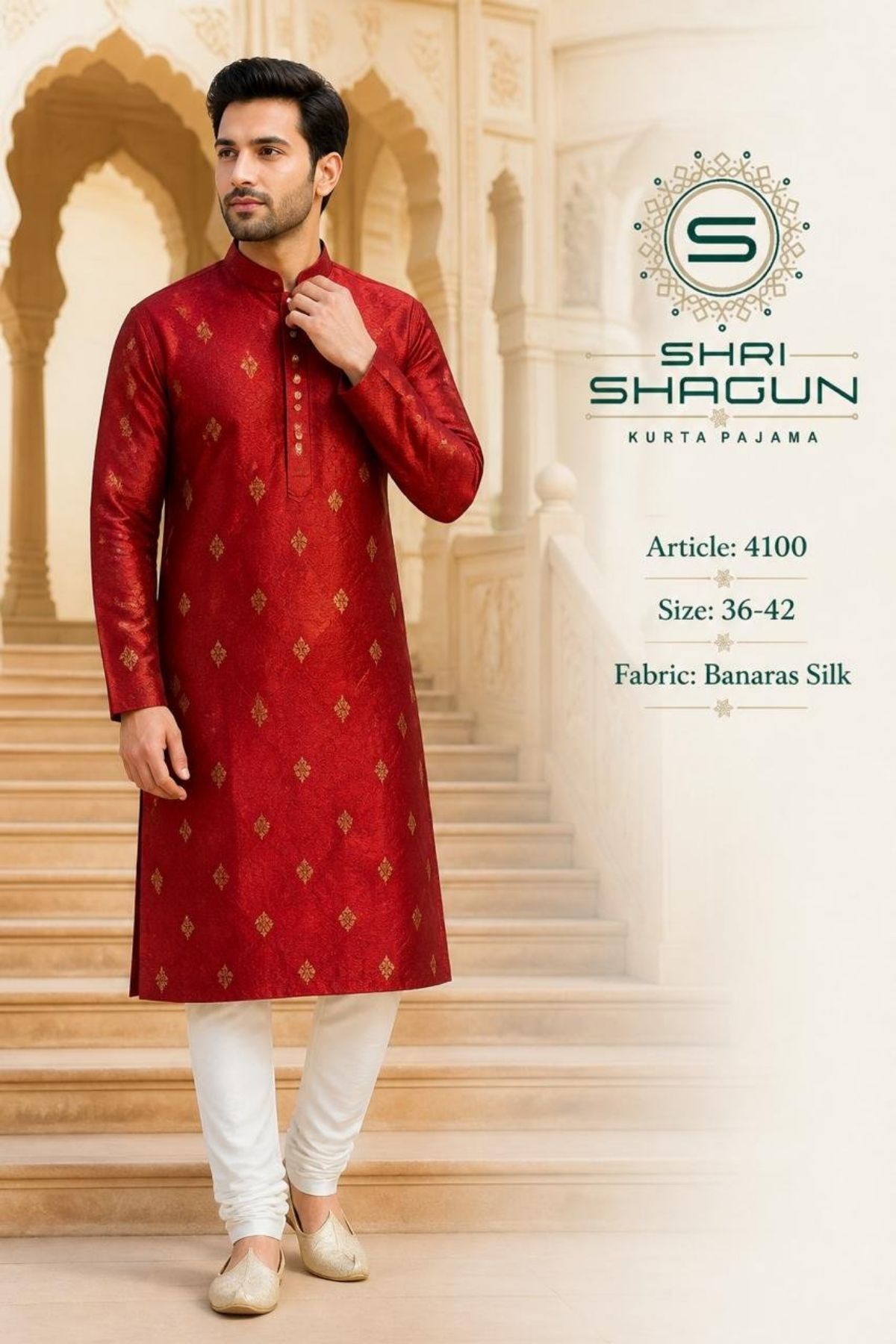 Banarasi Silk Butta With Jacquard work kurta set for men's