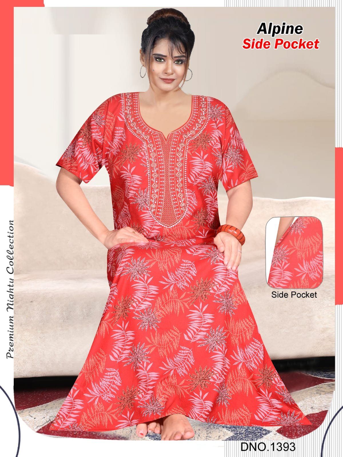 Women's Alpine Premium Nighties Fancy Long Embroidery Pattern with side pocket