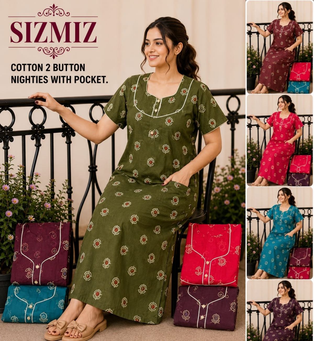 Women Pure Cotton Night Gown With Two Button Aaradhana
