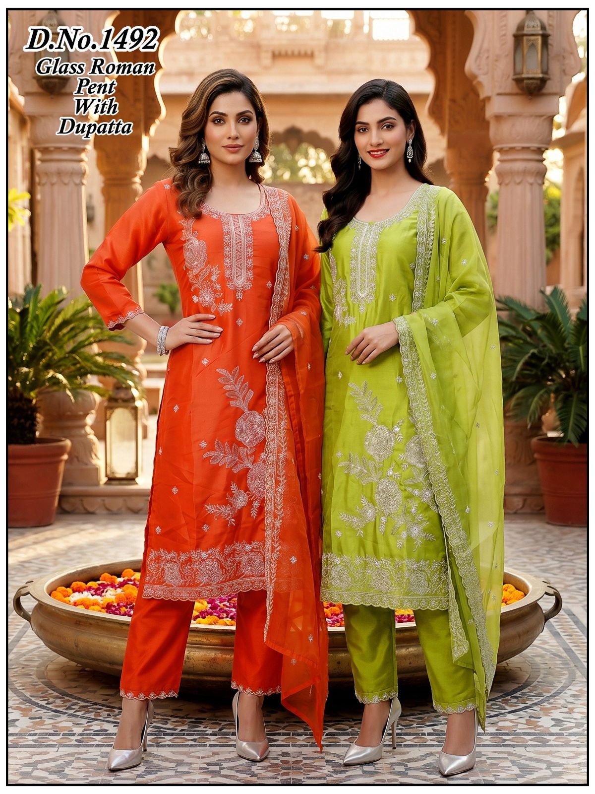Women's Roman Silk Kurta Pant Set With Dupatta- 1492