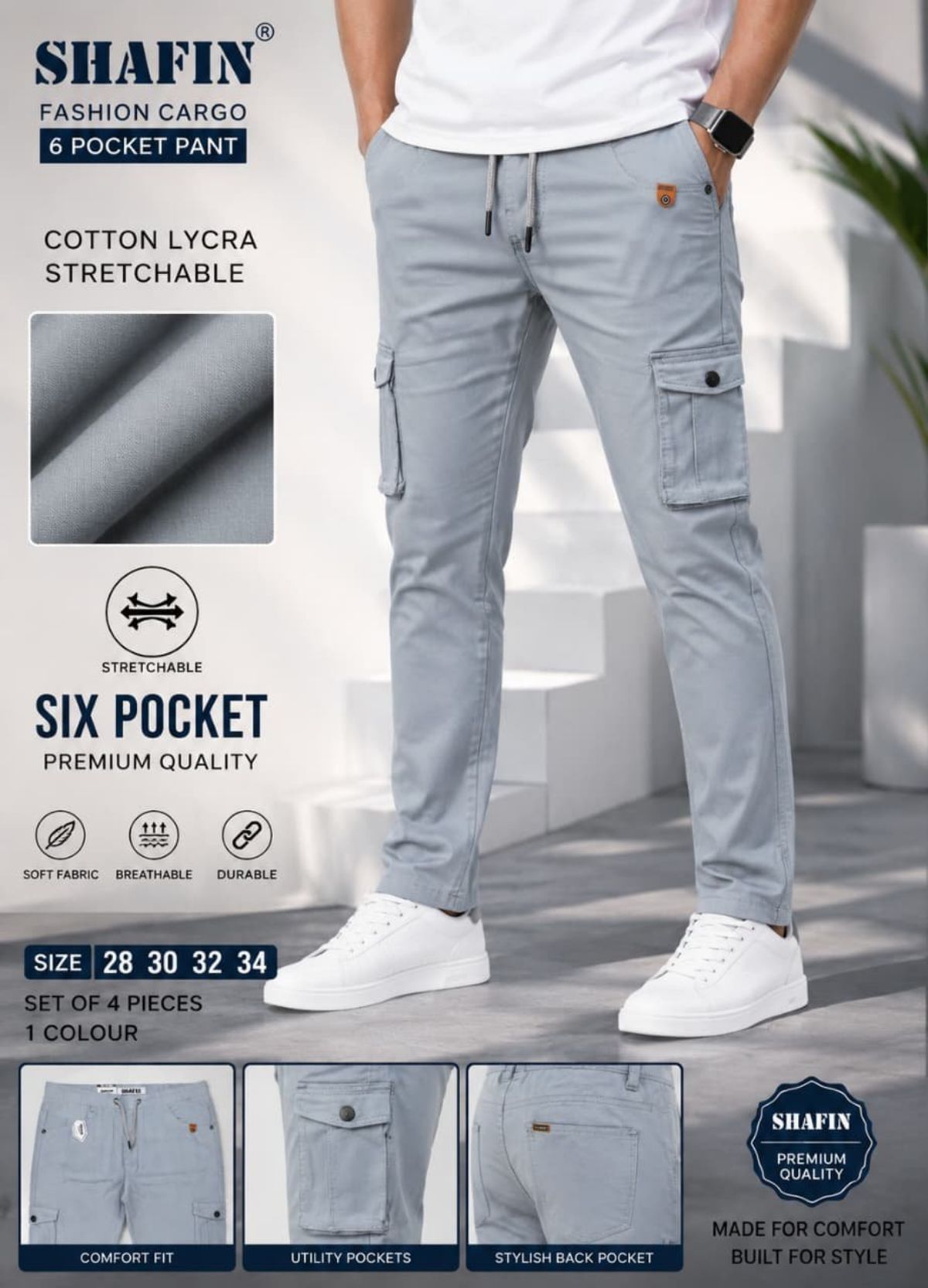 Shafin Men's Six Pockets Joggers Cargo without Elastic