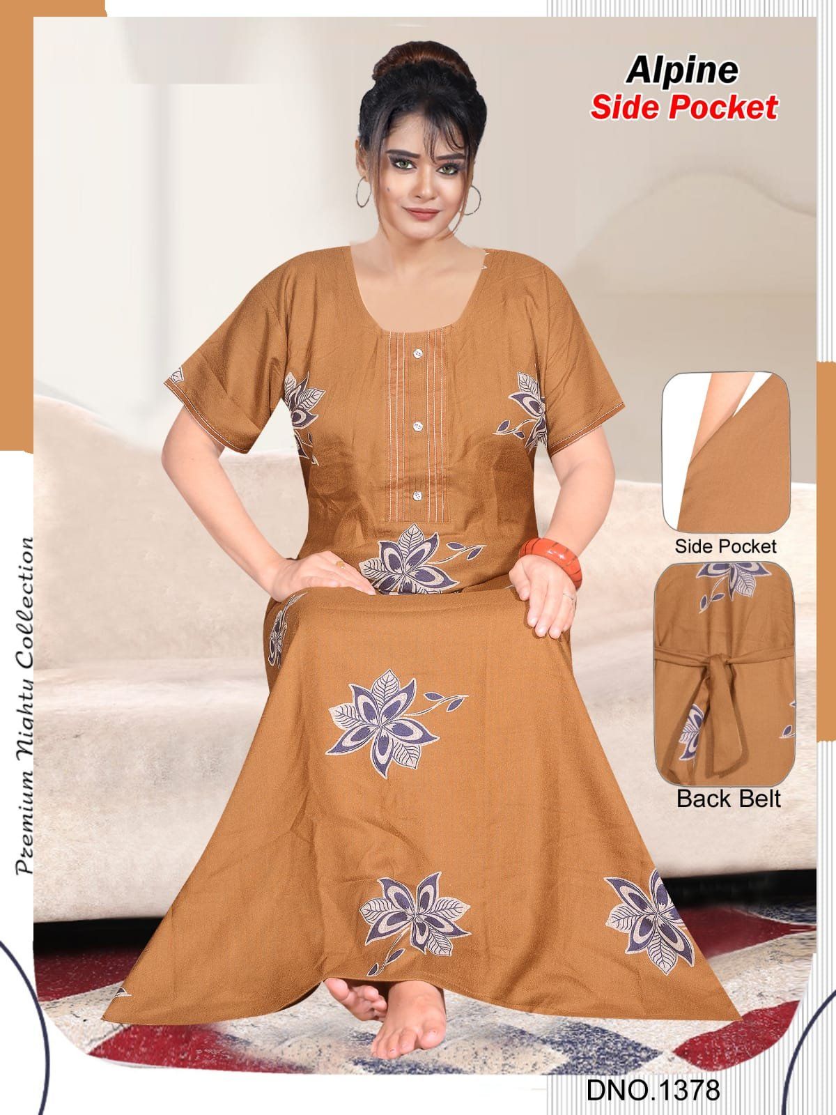 Women Alpine Premium Nighties Fancy Pattern Double Sleeve