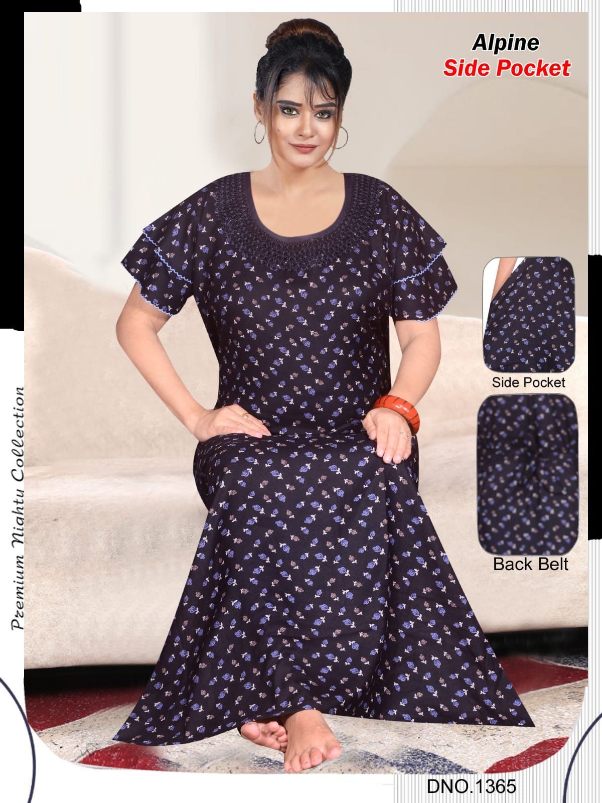 Women Alpine Premium Nighties Fancy Pattern Double Sleeve