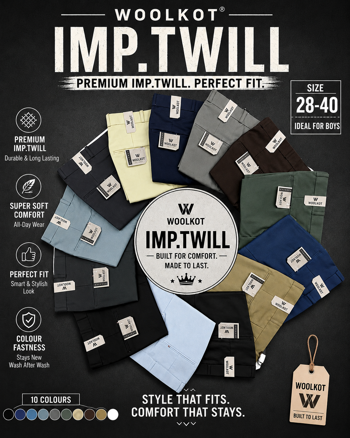 WOOLKOT IMP. KIDS TWILL PANTS 32 TO 40 MULTICOLOR 