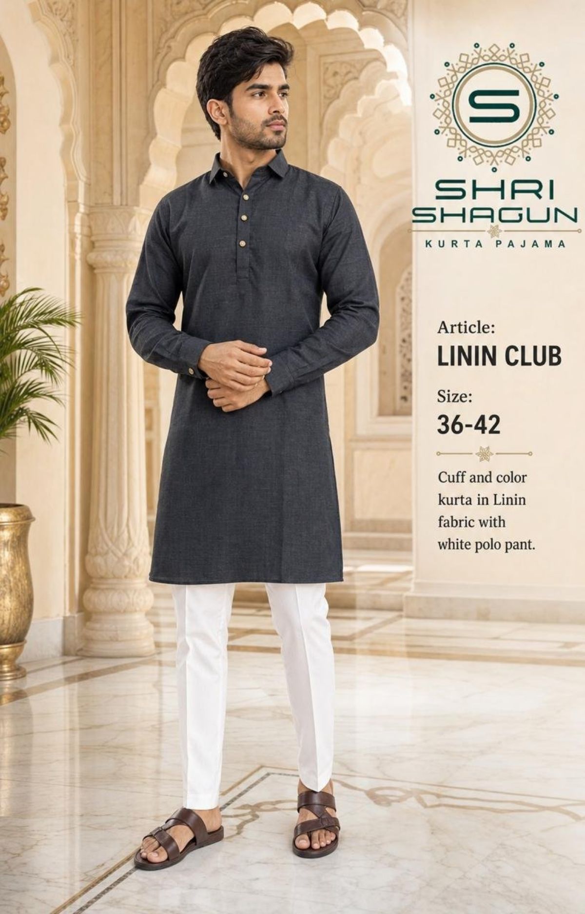 Linen Cotton Kurta Cuff Collar With Polo Pant-Linin Club