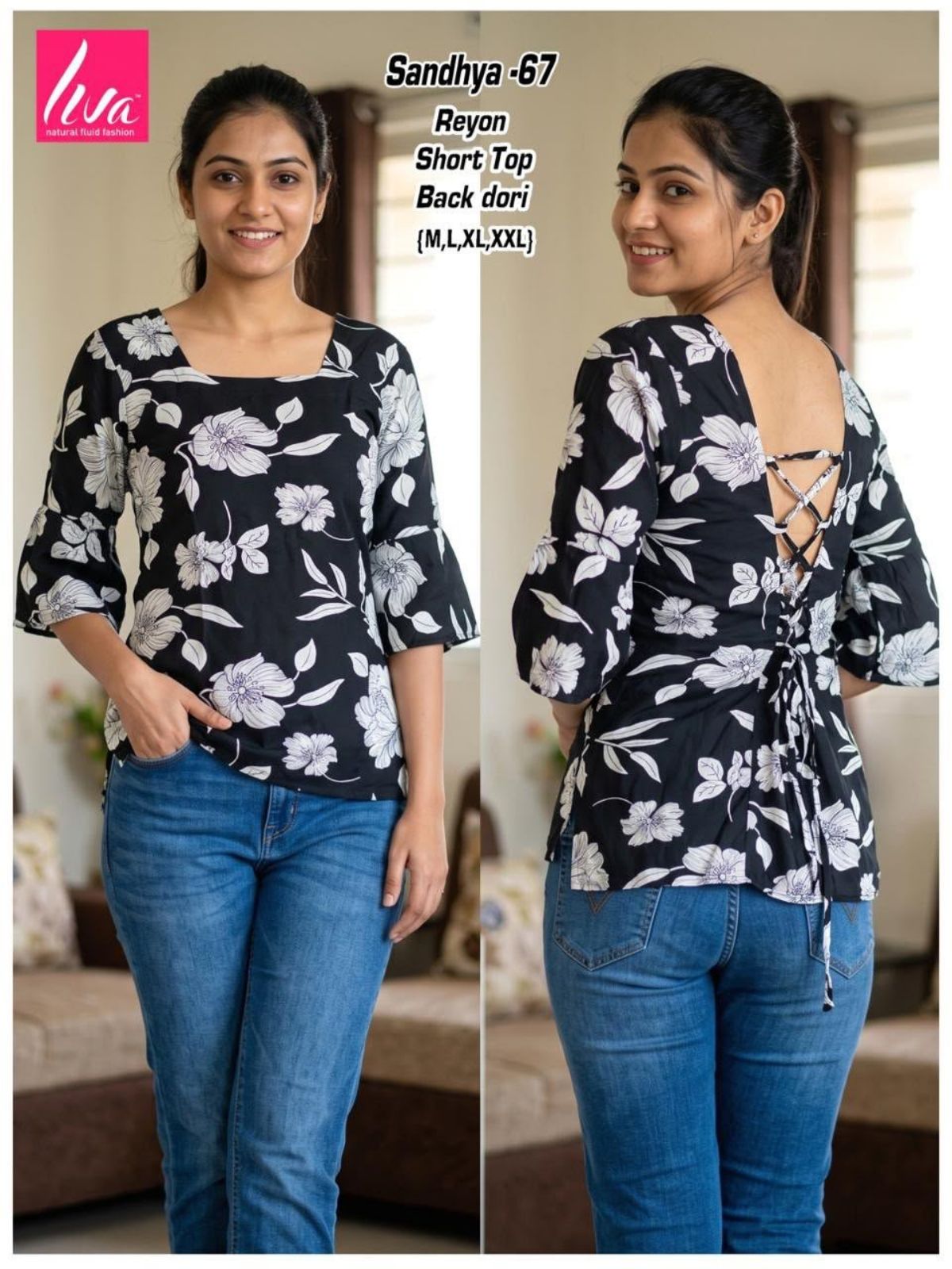 Women Heavy Rayon Short Kurta Top with Black Dori - Sandhya -67