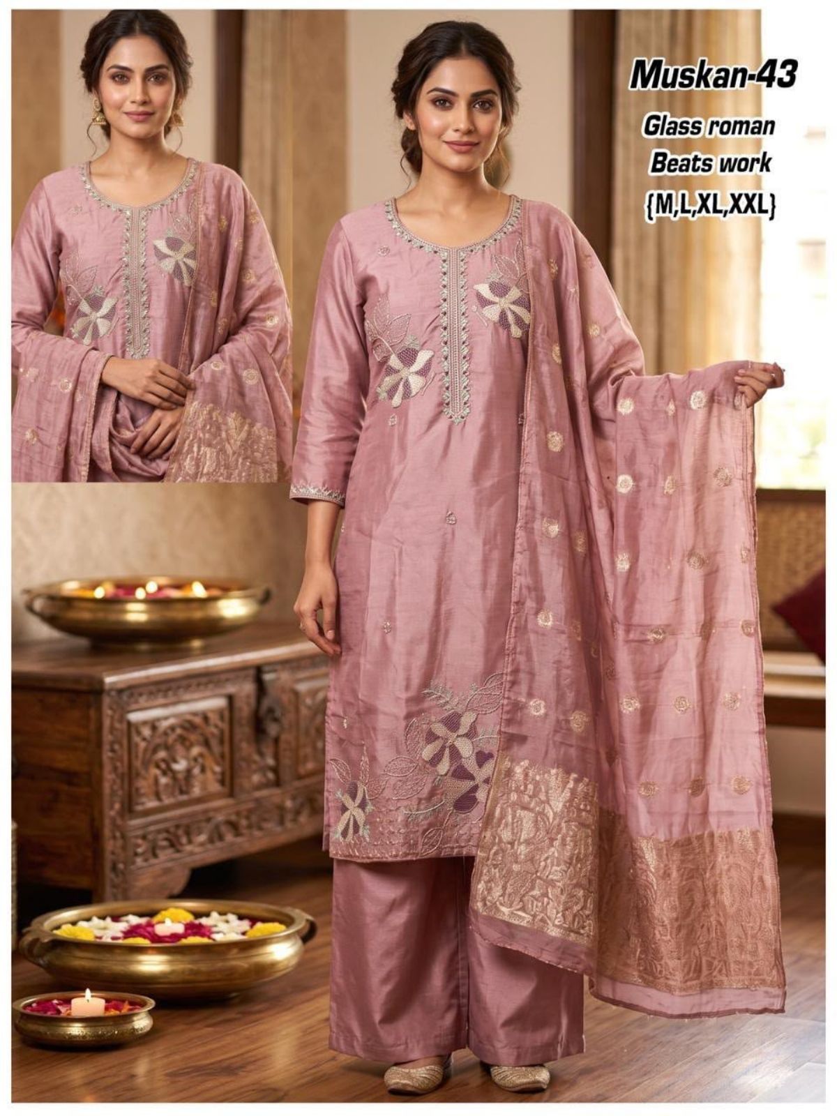 Women's Roman Glass Kurta Set with Beads Work- Muskan-43