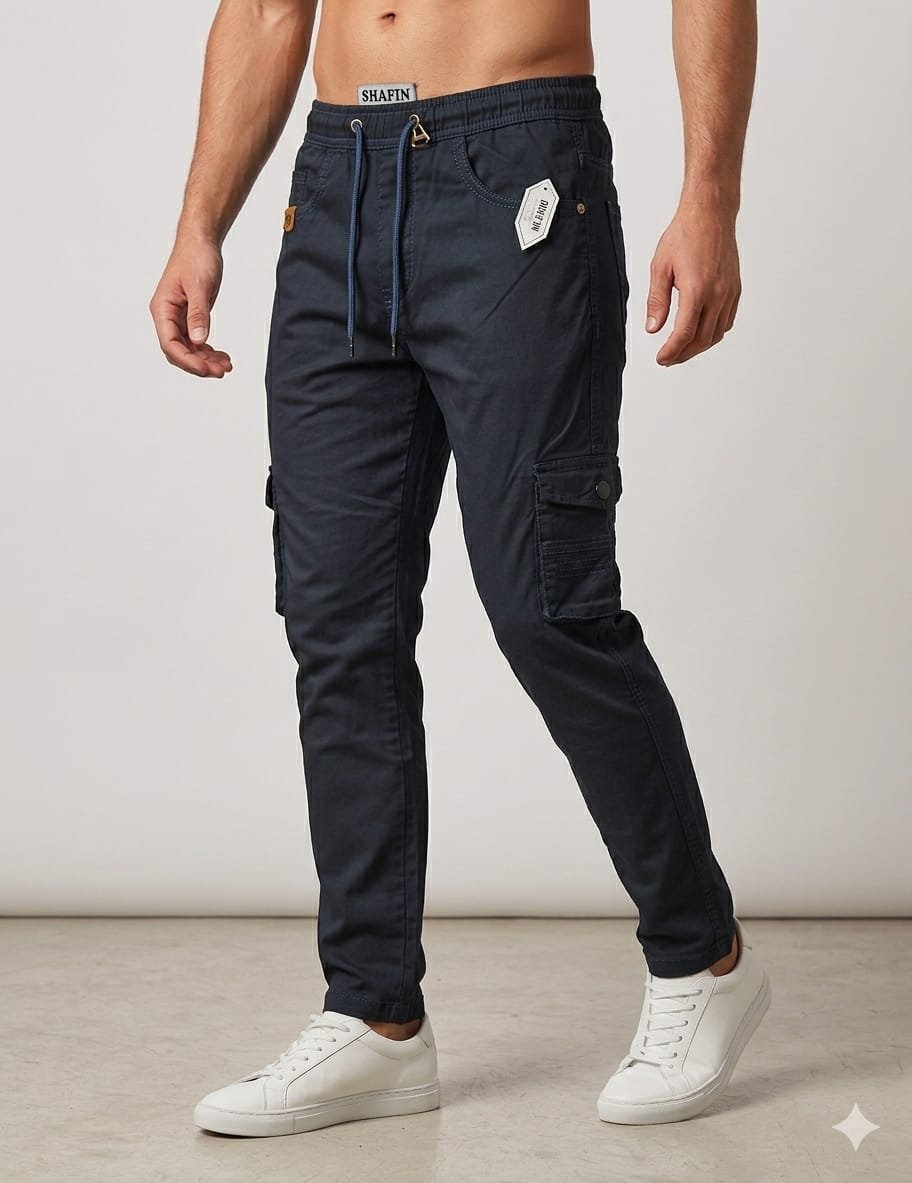 Shafin Men's Without Elastic Cotton Cargo Pants-Navy