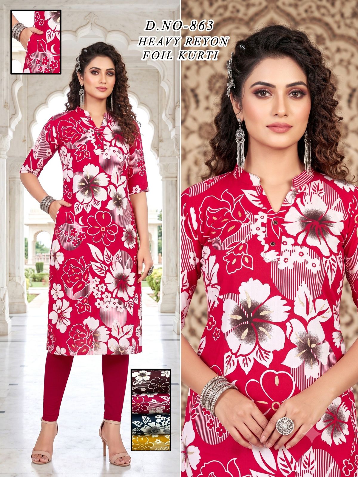 Women's Heavy Rayon Foil Kurti With Mobile Pocket -863