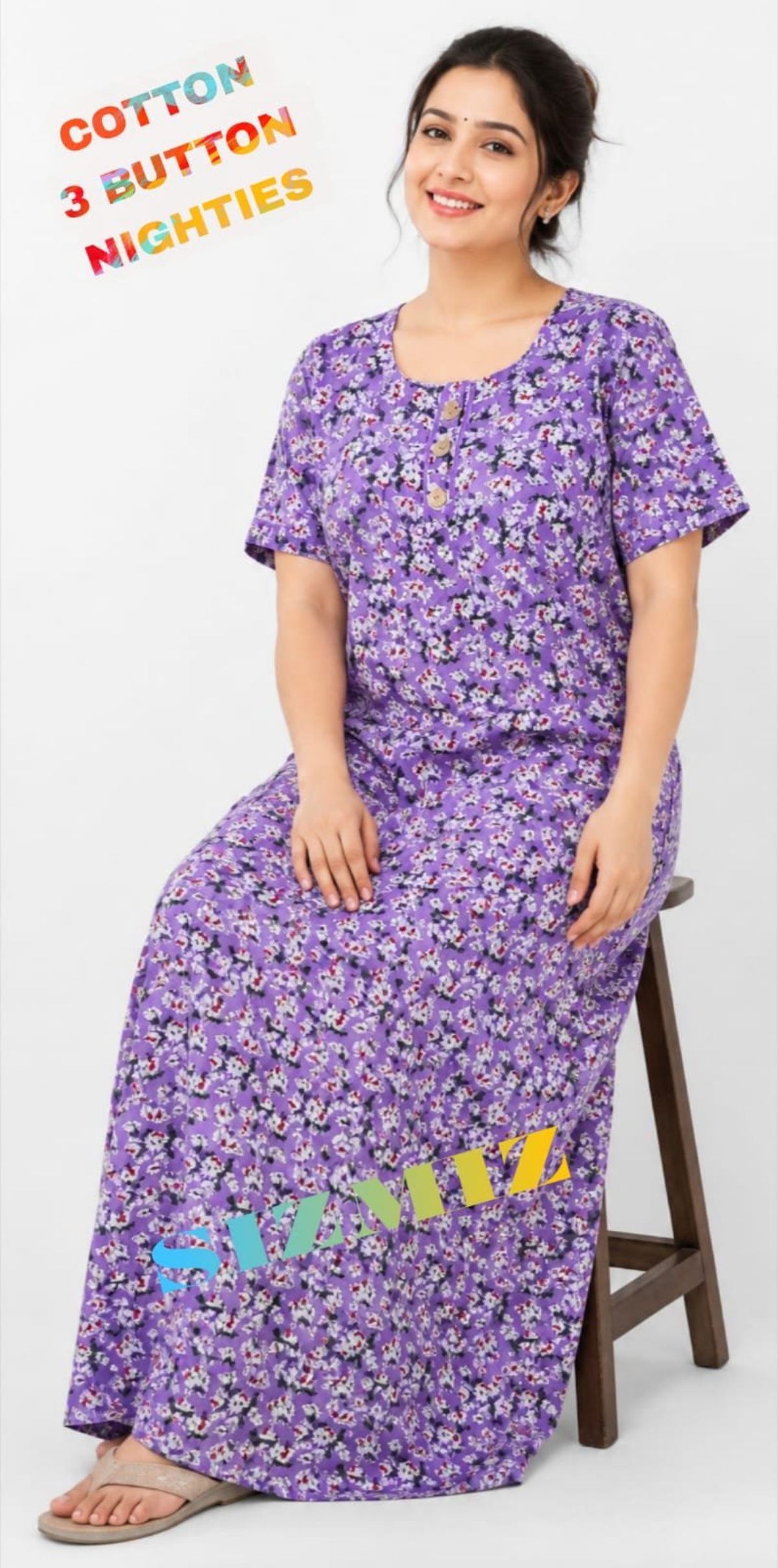 Women Poly Cotton Night Gown With Three Button