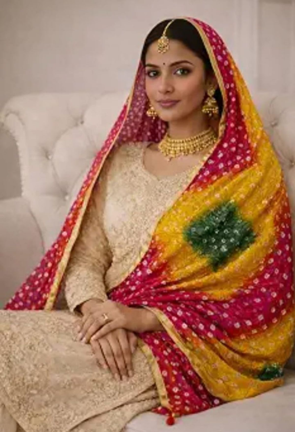 Women's Bandhej Gotta Patti Art Silk Dupatta set by Sona Creaton